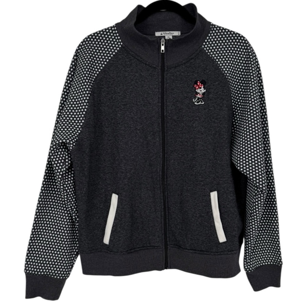 Disney Women’s Minnie Mouse‎ Full Zip Sweatshirt Jacket Gray Polka Dot Size XL